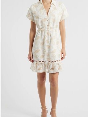 Cream Eyelet Short-Sleeve Mini Dress with Ruffle Hem